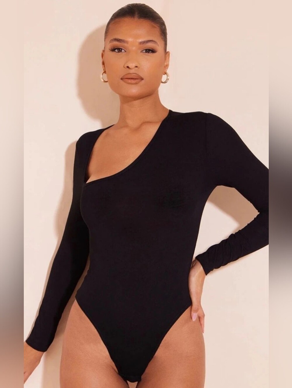7 For All Mankind Black Asymmetric One-Shoulder Long Sleeve Bodysuit